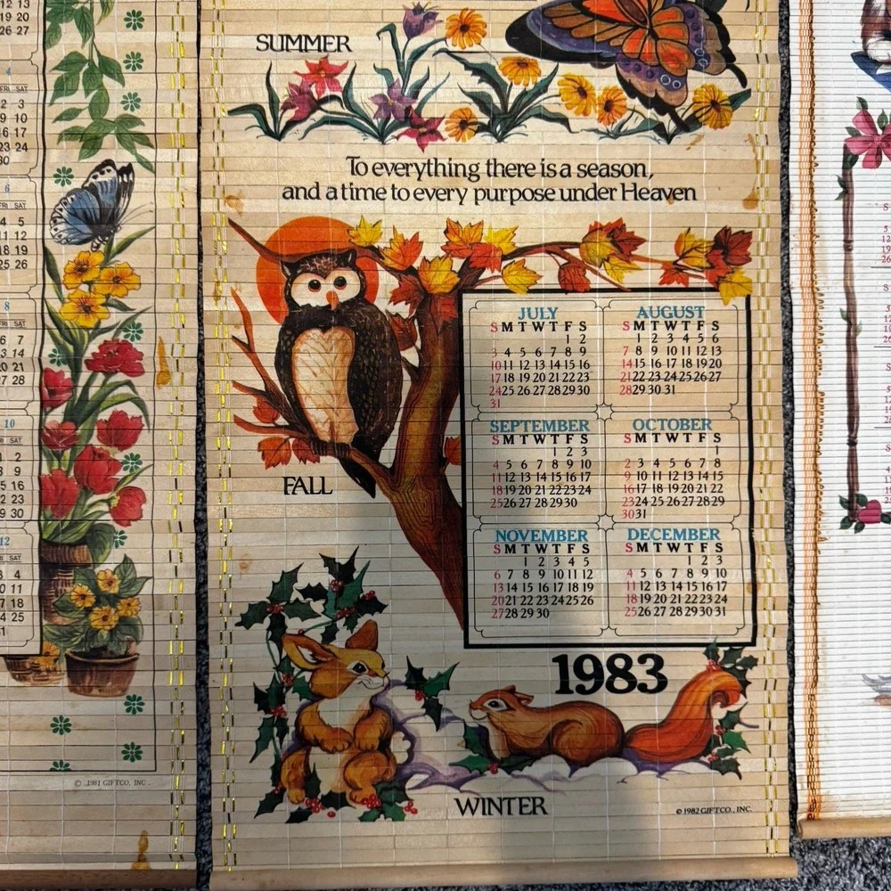 Vintage Giftco 1982, 1983 & 1992 Bamboo Art Wall Scroll Calendars Lot Butterfly